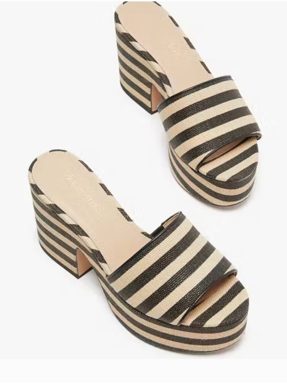 kate spade Black and Cream Striped Platform Mules Beach